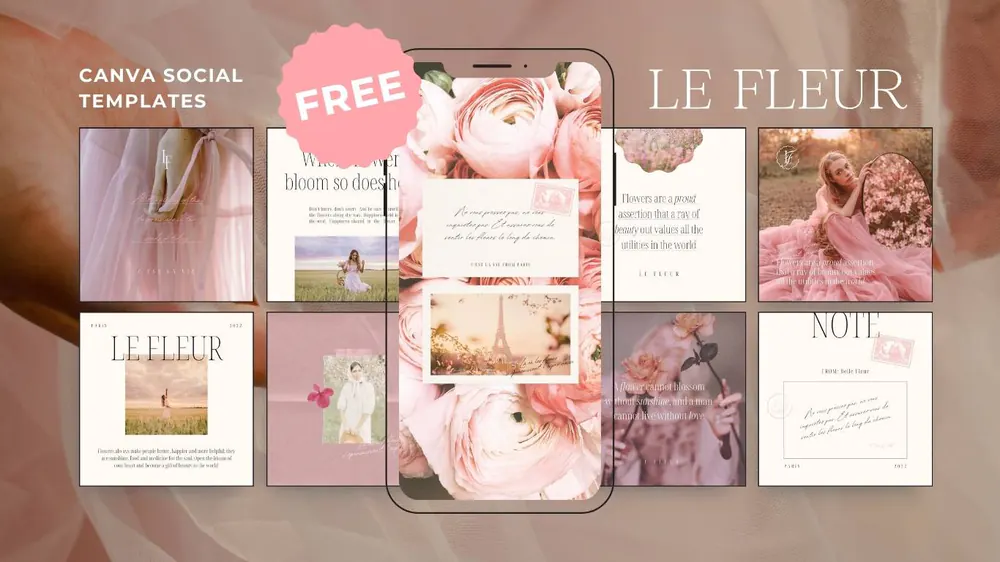 Le Fleur: free Canva social templates with soft pastel florals, shown on phone screens