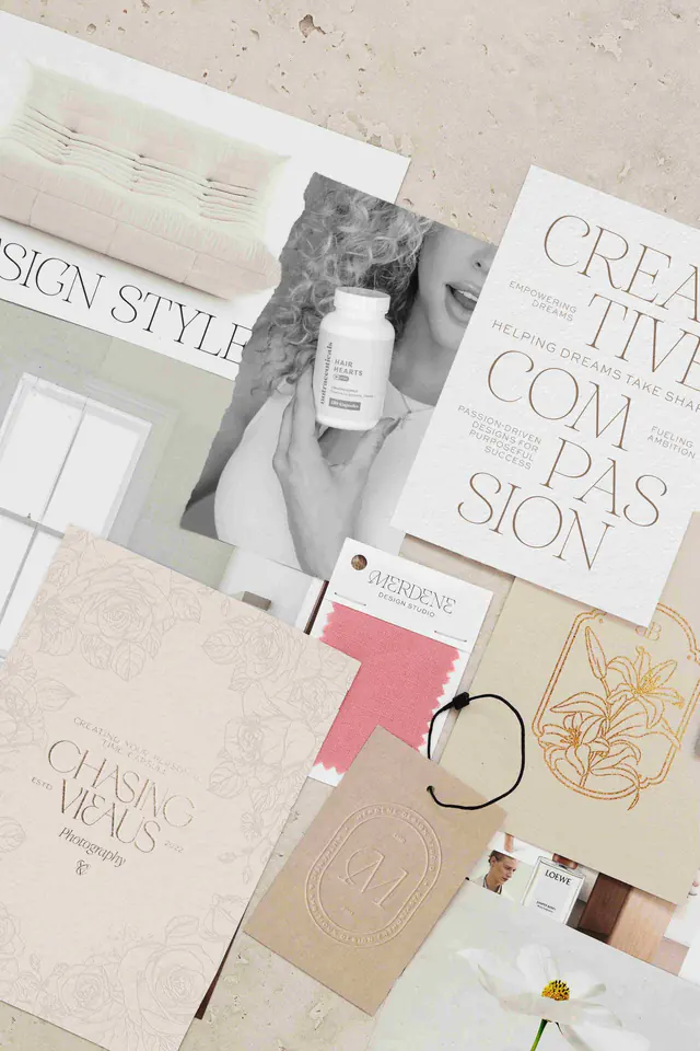 A moodboard of paper cards, fabric swatches and brand stationery for a branding project